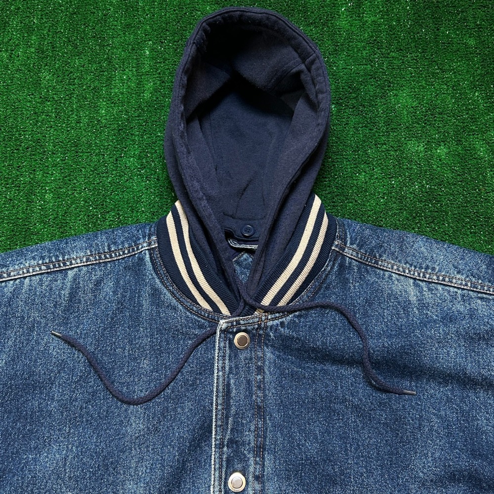 Y2K / Vintage Basic Editions Denim Varsity M Blue Bomber Two Tone Removable Hood - Picture 11 of 13
